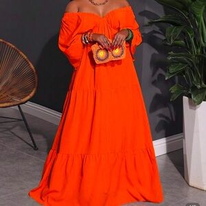 Playful/Beach Orange Off-Shoulder Dress